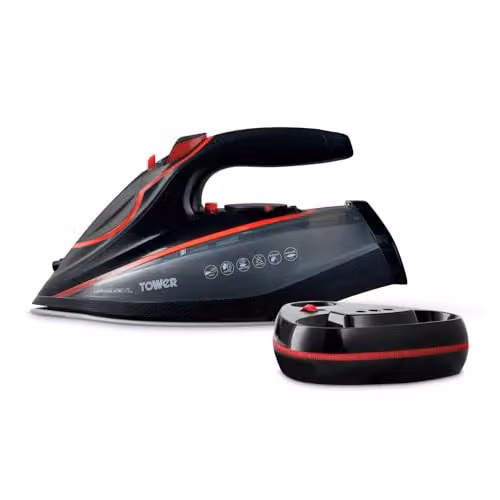 Tower Cordless Steam Iron with Ceramic Non-Stick Soleplate, Anti-Calc System and Auto Shut-Off, Red and Black