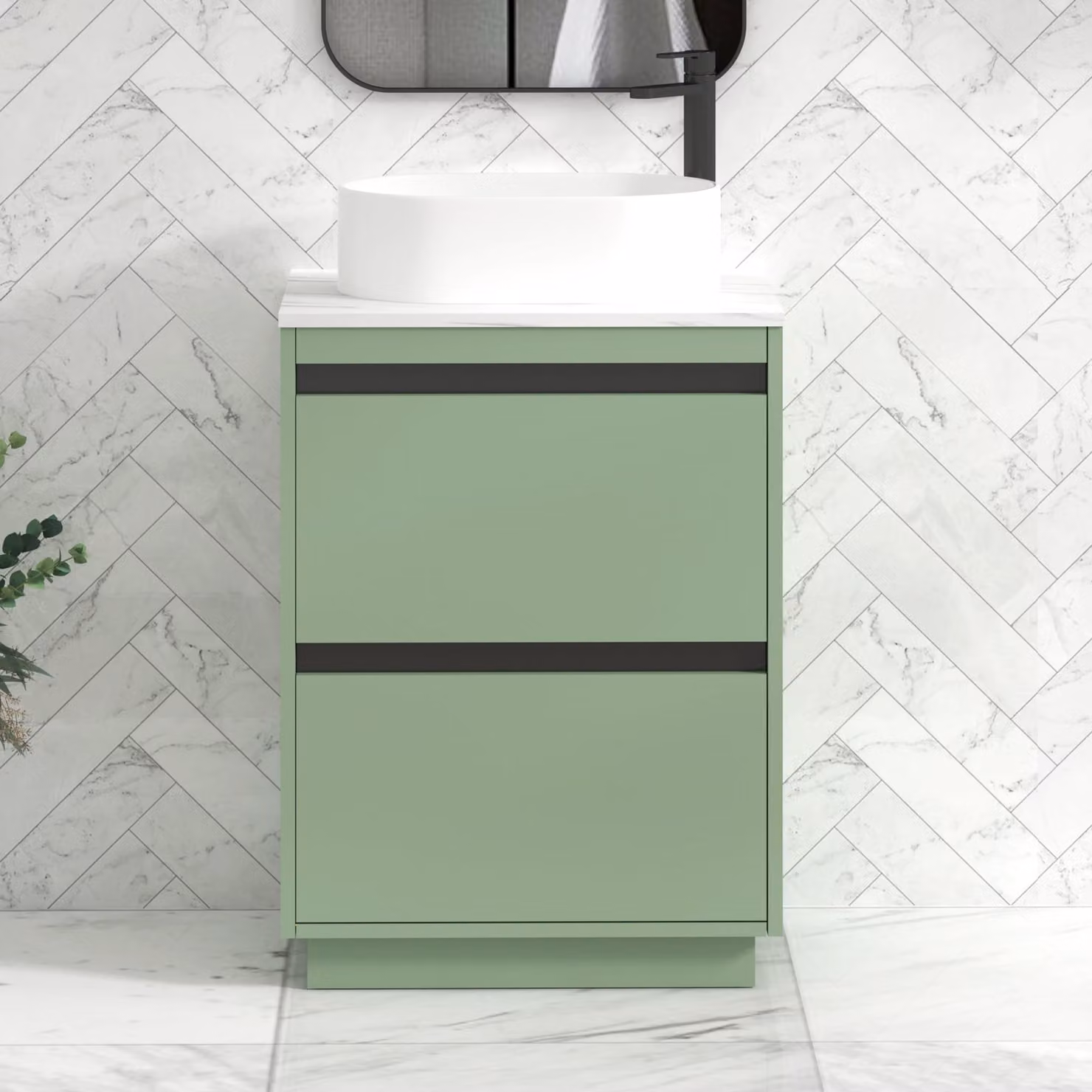 Royal Bathrooms Orion 600mm Mint Sage Floor Standing Bathroom Vanity Unit with 2 Drawers, Peak Basin and Black Accent Trim