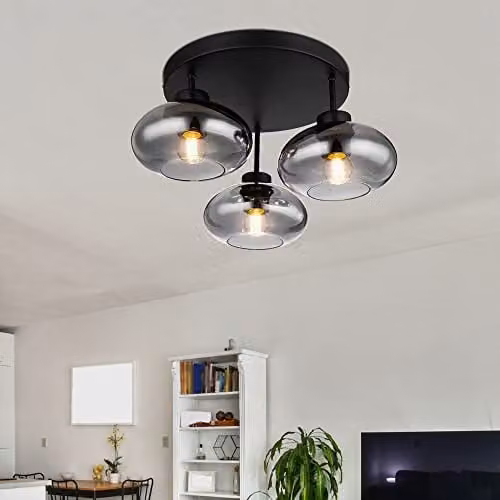 Globo Lighting Retro Smoked Glass Ceiling Light in Black with 3x E27 Sockets, Diameter: 40 cm, Height: 24 cm – 5