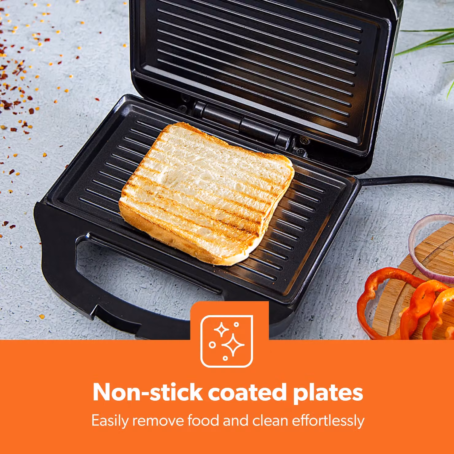 Geepas 750W Panini Press Grill and 2 Slice Sandwich Toaster with Non-Stick Plates in Metallic Silver and Black – 5