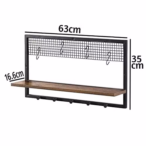 SPOT ON DEALZ Industrial Rustic MDF Wall Mounted Shelf with Black Metal Wire Frame and Hooks, W: 63 cm, H: 35 cm, D: 16.6 cm – 9