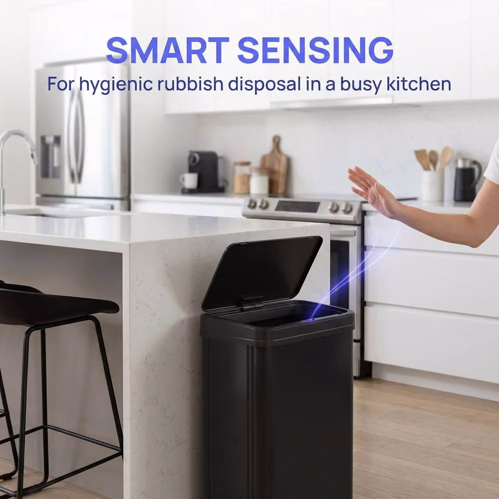 HOMCOM 40L Stainless Steel Kitchen Sensor Bin in Black, Fingerprint-Proof – 3