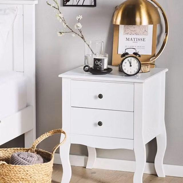 Wyld and Coco White MDF Bedside Table with 2 Drawers and Cabriole Legs, W: 40.0 cm, D: 45.0 cm, H: 58.0 cm – 1