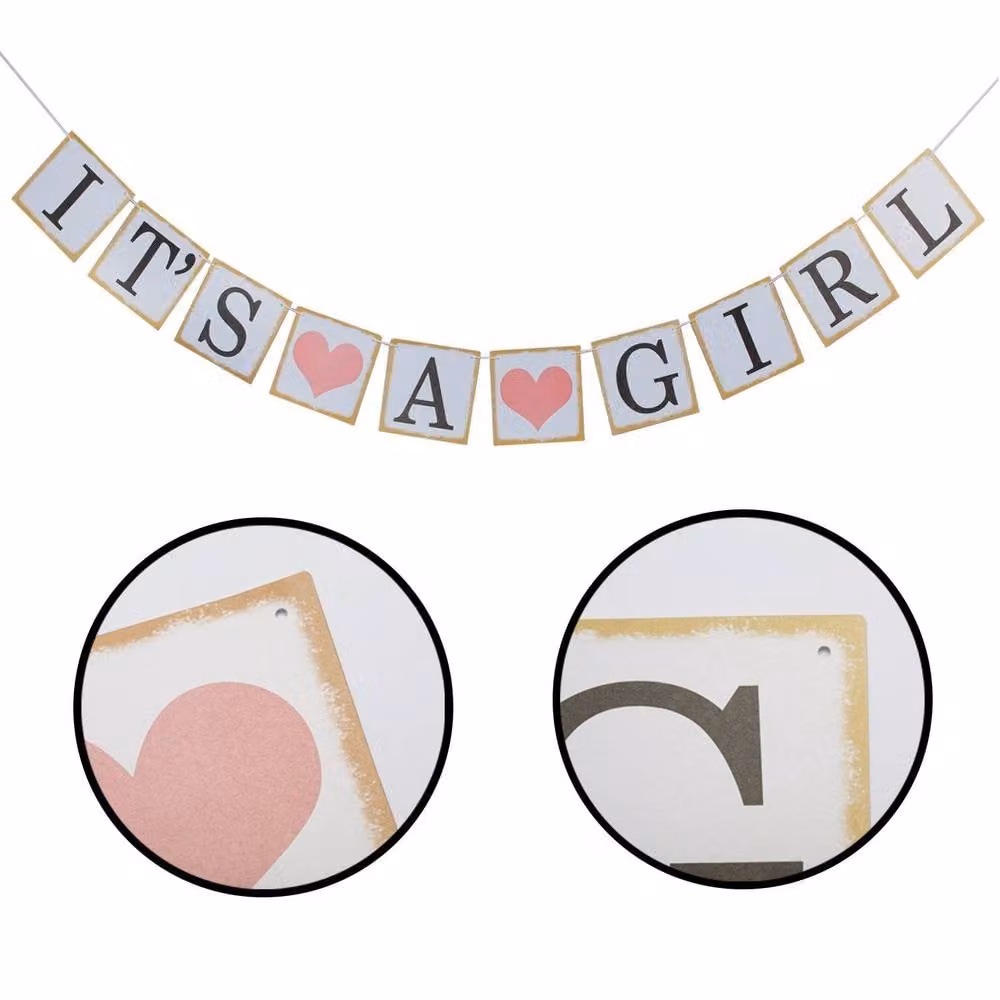 LARANGE Rustic Baby Shower and Gender Reveal Banner with Pink, Gold and Multicolour Paper Pennants, Length: 152.4 cm – 2