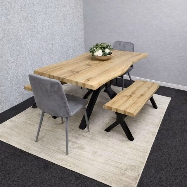KOSY KOALA Rectangular Wooden Dining Set with 2 Benches and Grey Velvet Chairs, Brown and Grey – 1