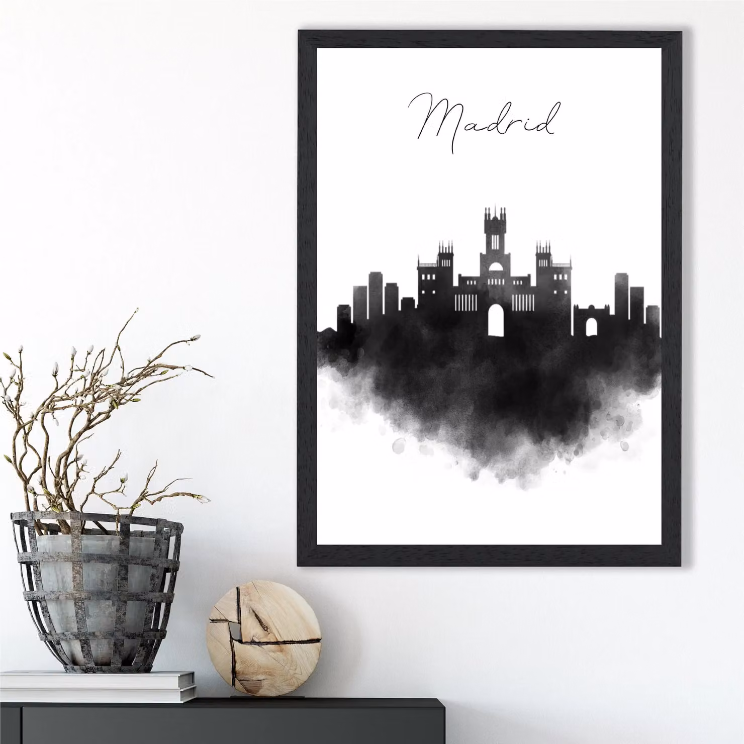 ARTZE Madrid Watercolour Skyline City Framed Print in Black – 2