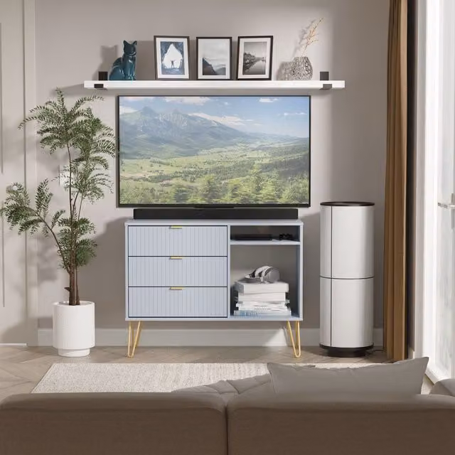 2 U Bexley 3 Drawer TV Unit in Light Blue and Gold