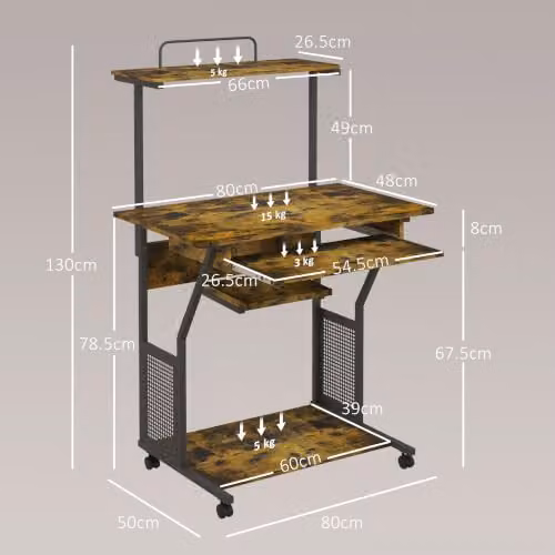 HOMCOM Industrial Mobile Computer Desk in Brown with Castors, W/D/H: 80 x 50 x 130 cm – 3