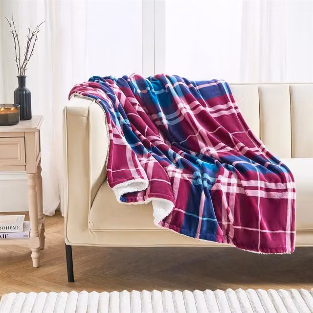OHS Winsford Flannel Check Fluffy Fleece Throw in Red and Multicolour