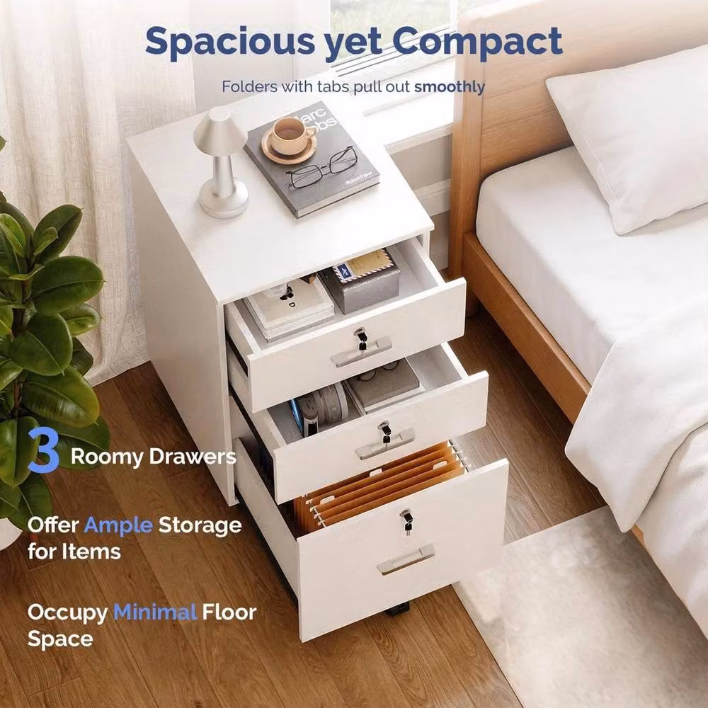 KORVIXA 3 Drawer Wooden Filing Cabinet with Lock and Castors in White – 4