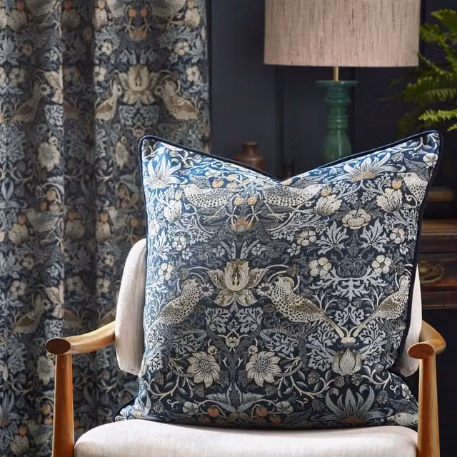 Morris & Co. Strawberry Thief Blue Floral Velvet Feather Filled Square Cushion W/D/H: 55 x 55 x 55 cm