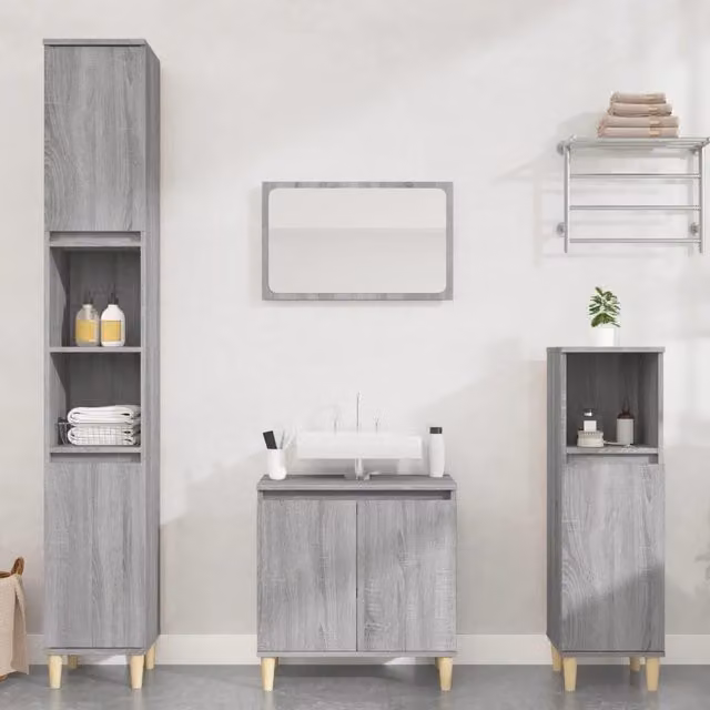 Berkfield Home 3 Piece Modern Grey Bathroom Furniture Set with Tall Cabinet and Hinged Doors