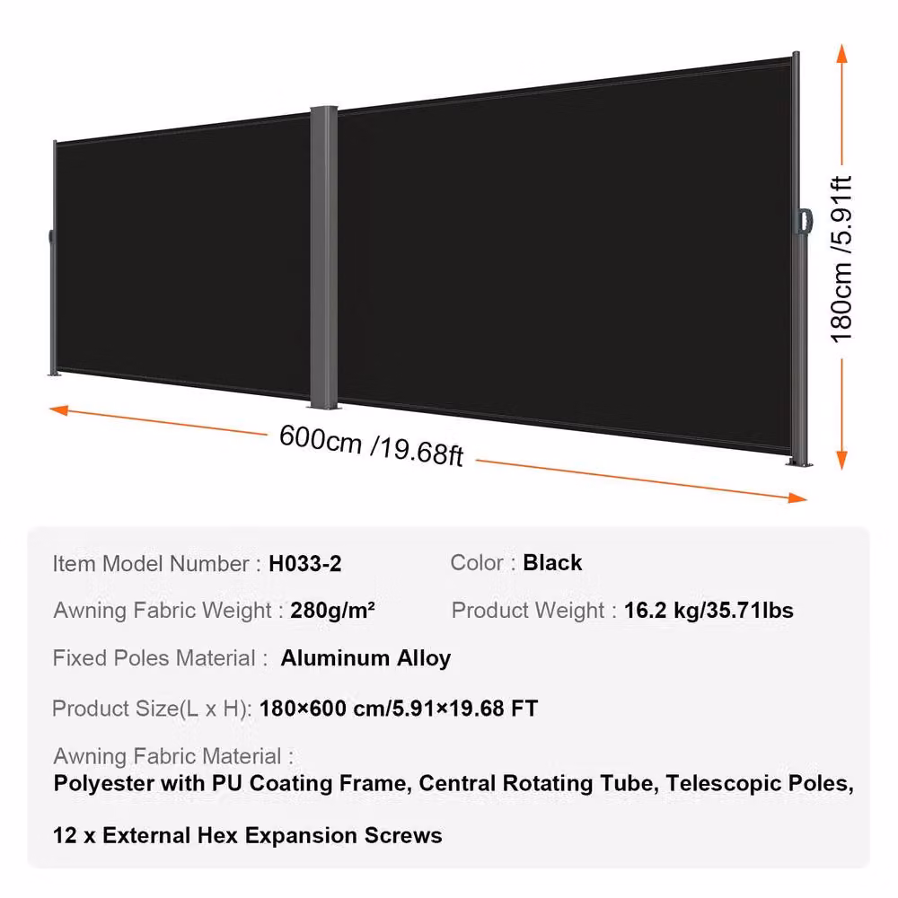 VEVOR Manual Pull Retractable Awning in Black with Aluminium and Polyester Construction, W/D/H: 180.34 x 180.34 x 59.94 cm – 7