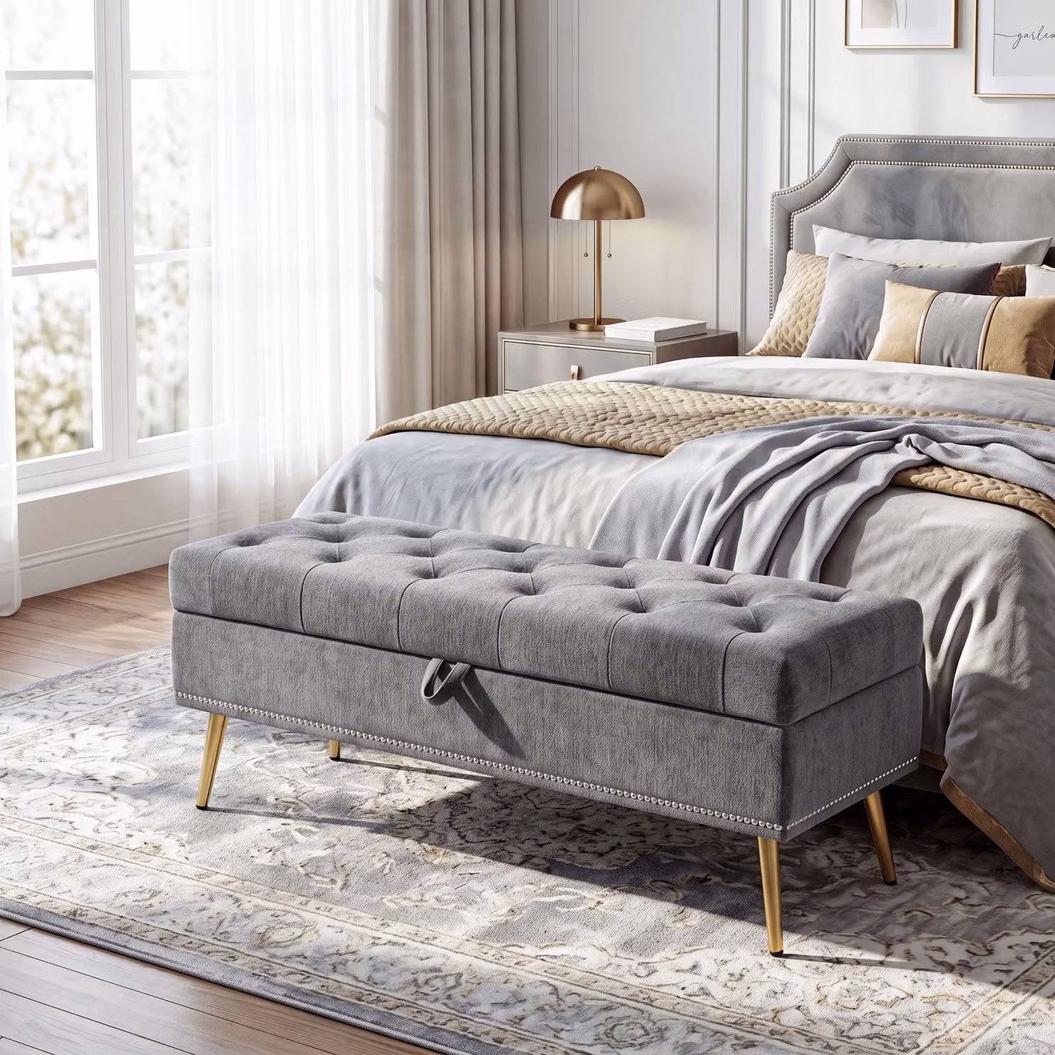 HOMCOM Grey Chenille Upholstered Storage Ottoman with Padded Seat and Metal Legs, W: 114 cm, D: 41 cm, H: 45 cm – 2