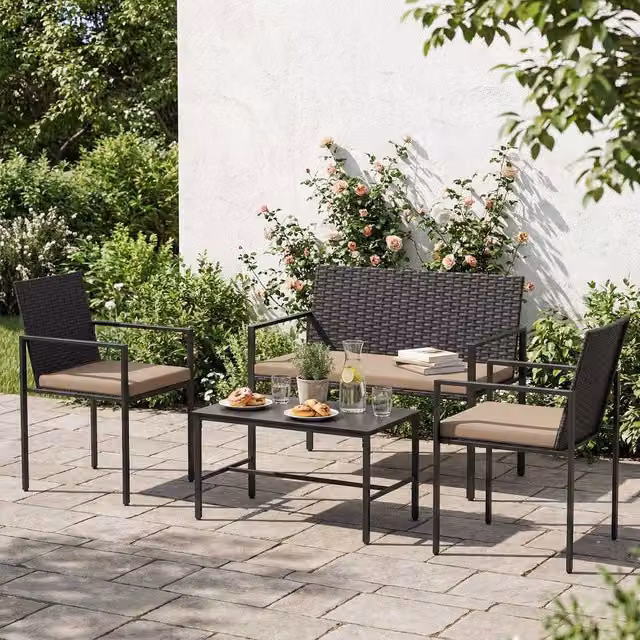Costway 4-Piece Outdoor Rattan Patio Furniture Set with Loveseat, Armchairs and Coffee Table in Beige – 1