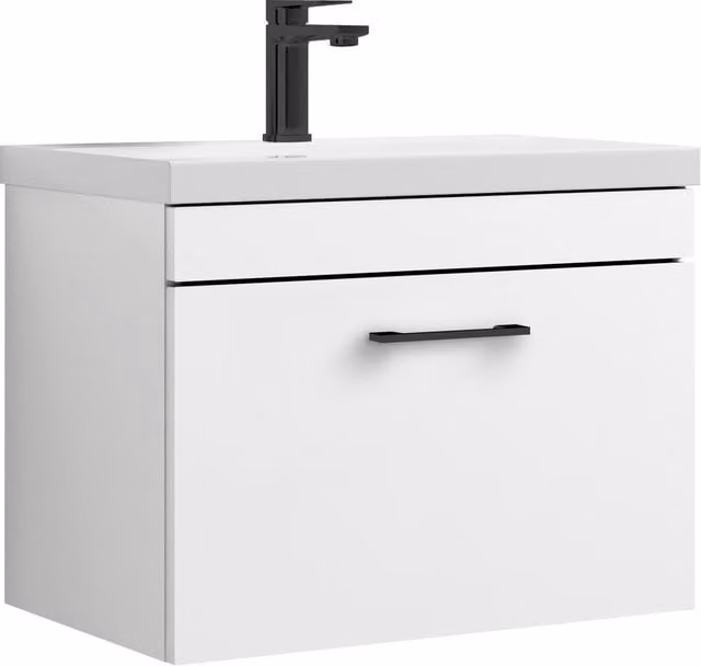 Balterley Modern Wall Hung 1 Drawer Vanity Basin Unit in White and Black Glossy Finish, Width: 60 cm