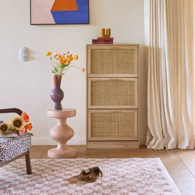 sweeek 3-door Scandinavian shoe cabinet with rattan and wood effect in brown, W/D/H: 118 x 24 x 60 cm