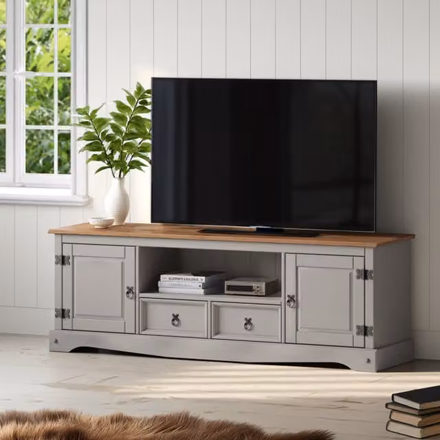 Mercers Furniture Rustic Solid Pine Widescreen TV Unit in Grey and Black