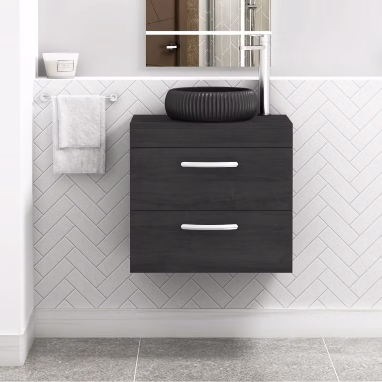 Royal Bathrooms Turin 600mm Wall Hung Vanity Unit with 2 Drawers and Countertop Basin in Hale Black and Milan Black