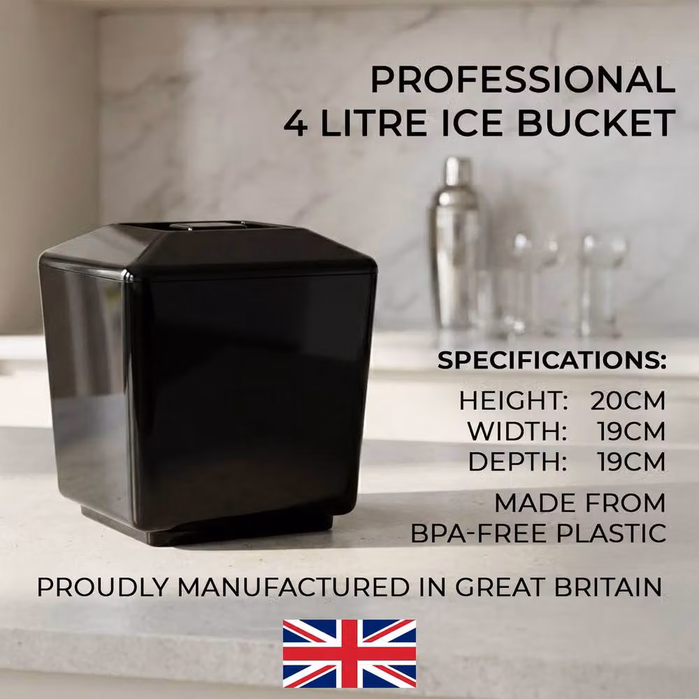 Chabrias Ltd Black Square Insulated Ice Bucket with Lid and Drainage Liner, 4L – 4