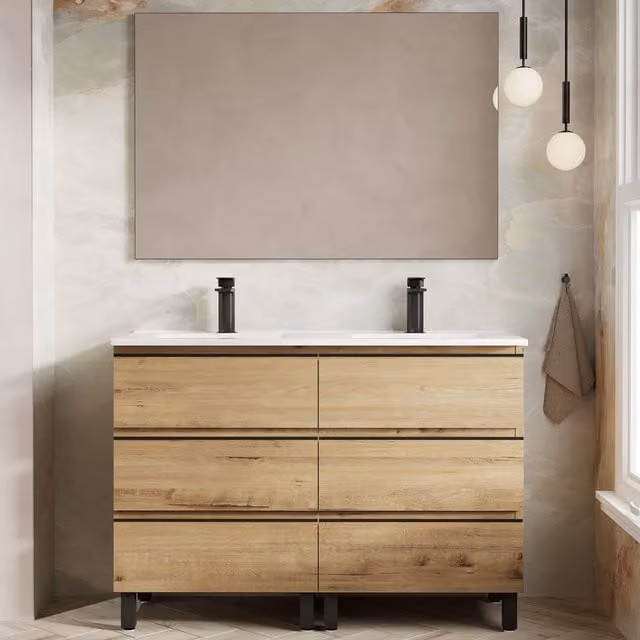 Banyetti Vatilla 1200mm Floorstanding Vanity Unit with Lira Basin in Ostippo Light Oak, W: 120 cm, D: 45 cm, H: 84 cm