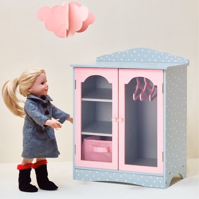 Teamson Kids Wooden Polka Dot Princess Doll Wardrobe for 18 inch Dolls, Grey