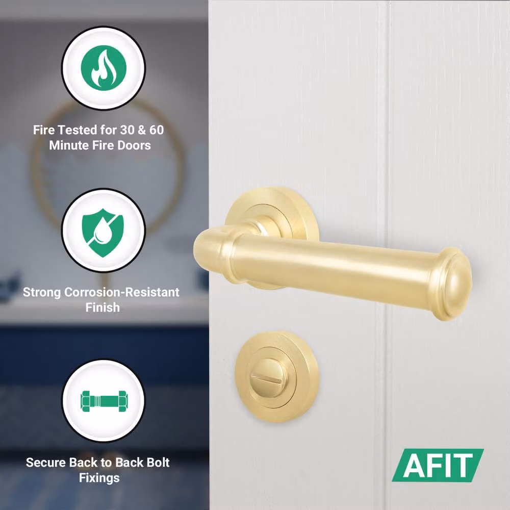 AFIT Satin Brass Fire Door Handle and Rosette Set in Gold – 2