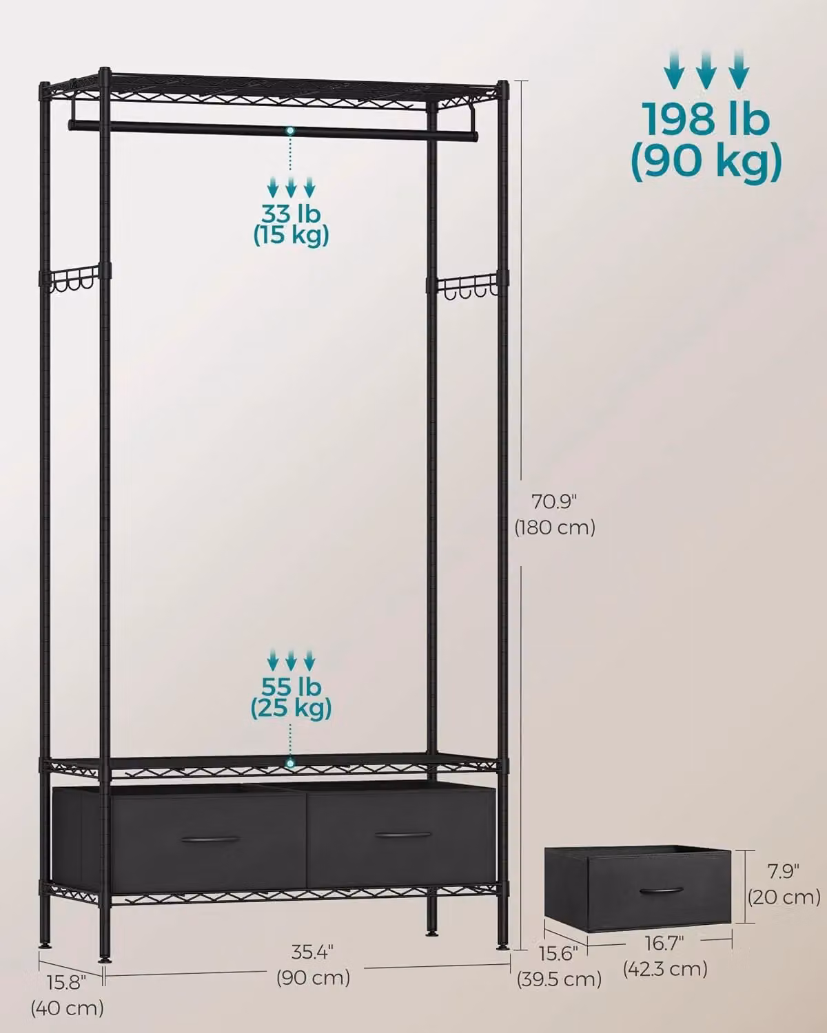 SONGMICS Heavy Duty Metal Garment Rack with Mesh Shelf and 2 Fabric Drawers in Matt Black – 2