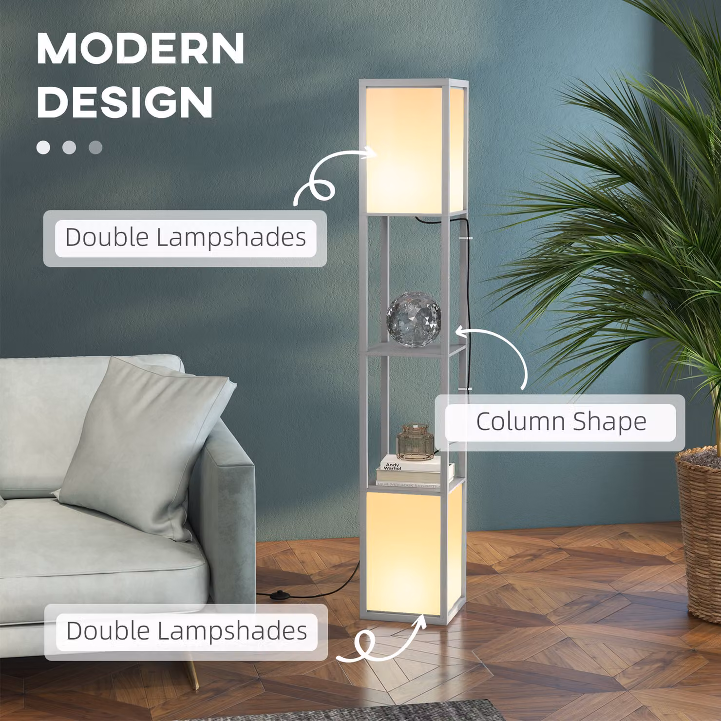 HOMCOM Modern Grey Floor Lamp with Dual Ambient Light and Shelf, Height: 156 cm – 3