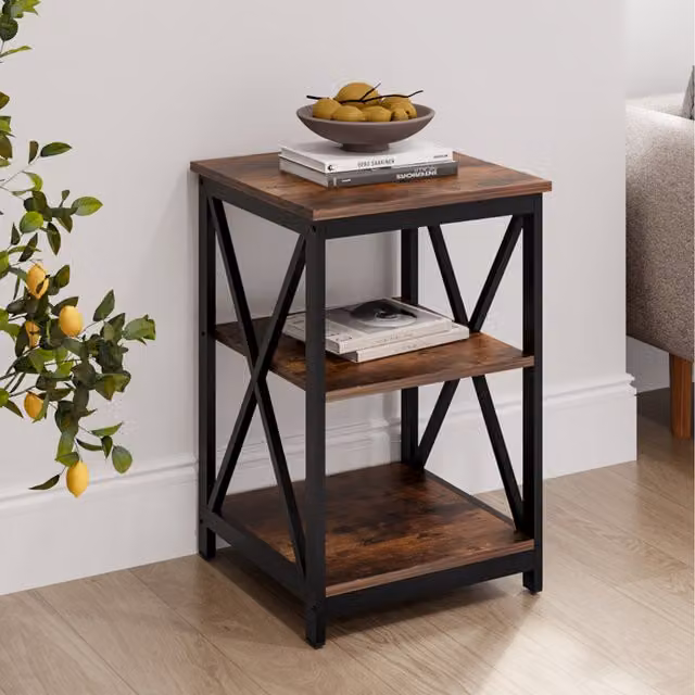 Livingandhome Rustic Wood and Metal Side Table in Brown and White