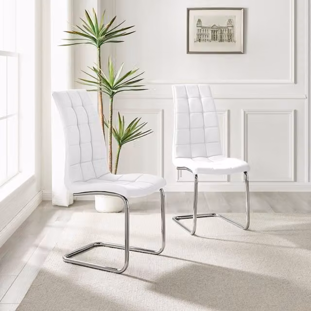 FurnitureboxUK Set of 2 Murano Modern Dining Chairs in White Faux Leather with Silver Chrome Metal Legs