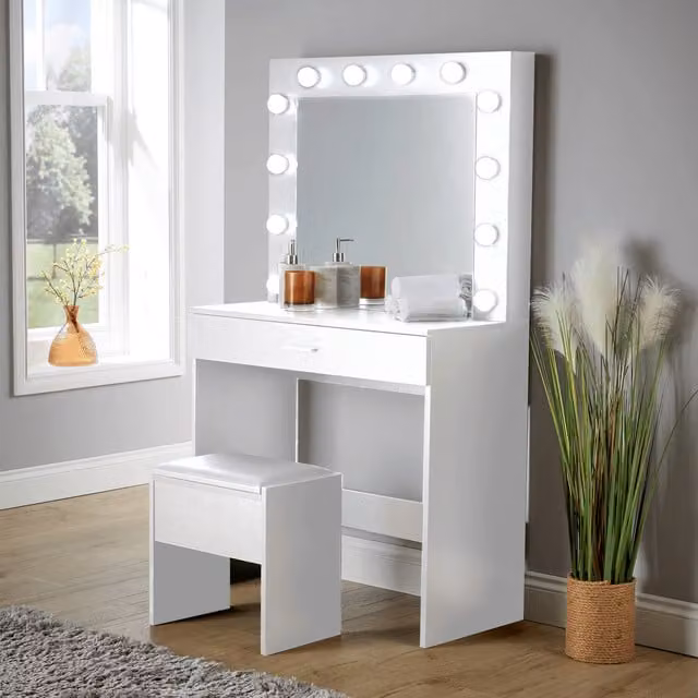 Home Source Hollywood LED Dressing Table with Mirror and Stool in White