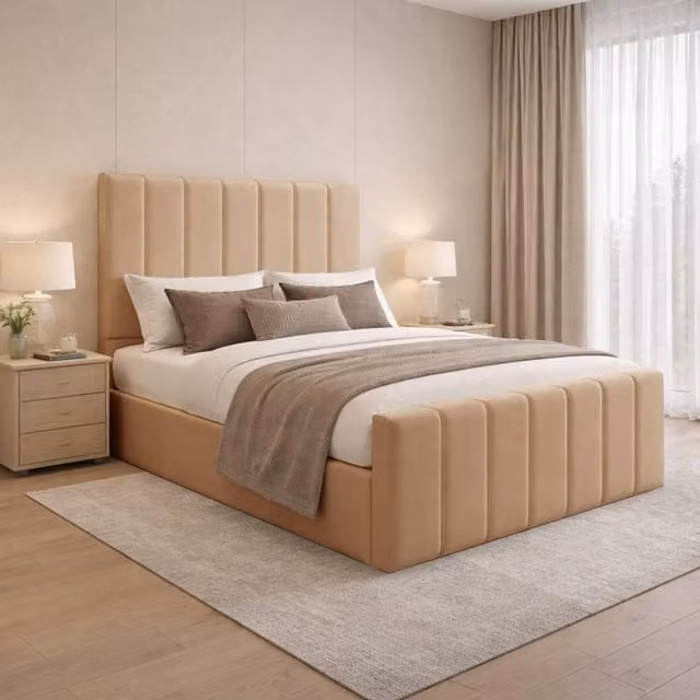 Desire Deco Eleanor Upholstered Storage Bed Frame with Lift Up Base in Beige – 1