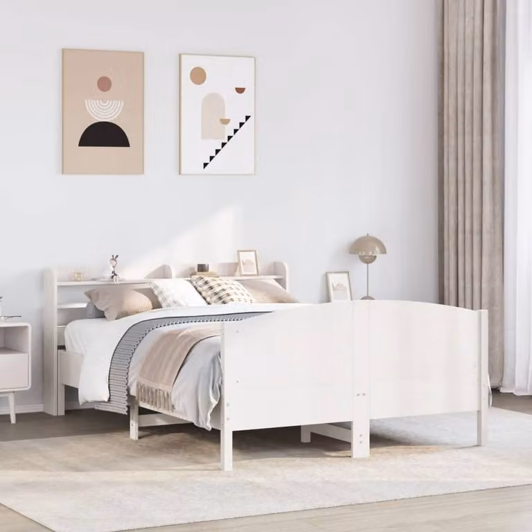 Berkfield Home Rustic White Solid Pine Bed Frame with Side Compartments W/D/H: 140 x 200 cm