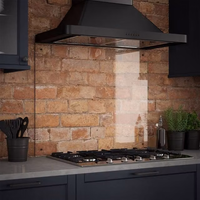Generic Clear Glass Kitchen Splashback with Gunmetal Caps, Silver and Transparent, W: 90.0 cm, H: 70.0 cm, Depth: 0.6 cm
