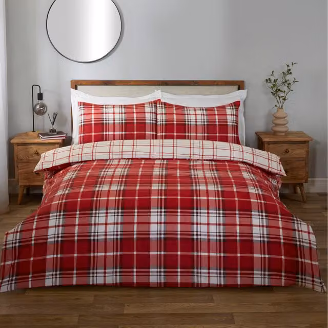 Divante Finest Red Checked Reversible Cotton Duvet Cover Set