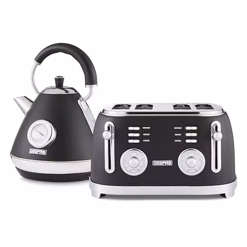 GEEPAS Retrovive Kitchen Combo Set with 1.7L Electric Kettle and 4 Slice Bread Toaster in Black Stainless Steel – 1