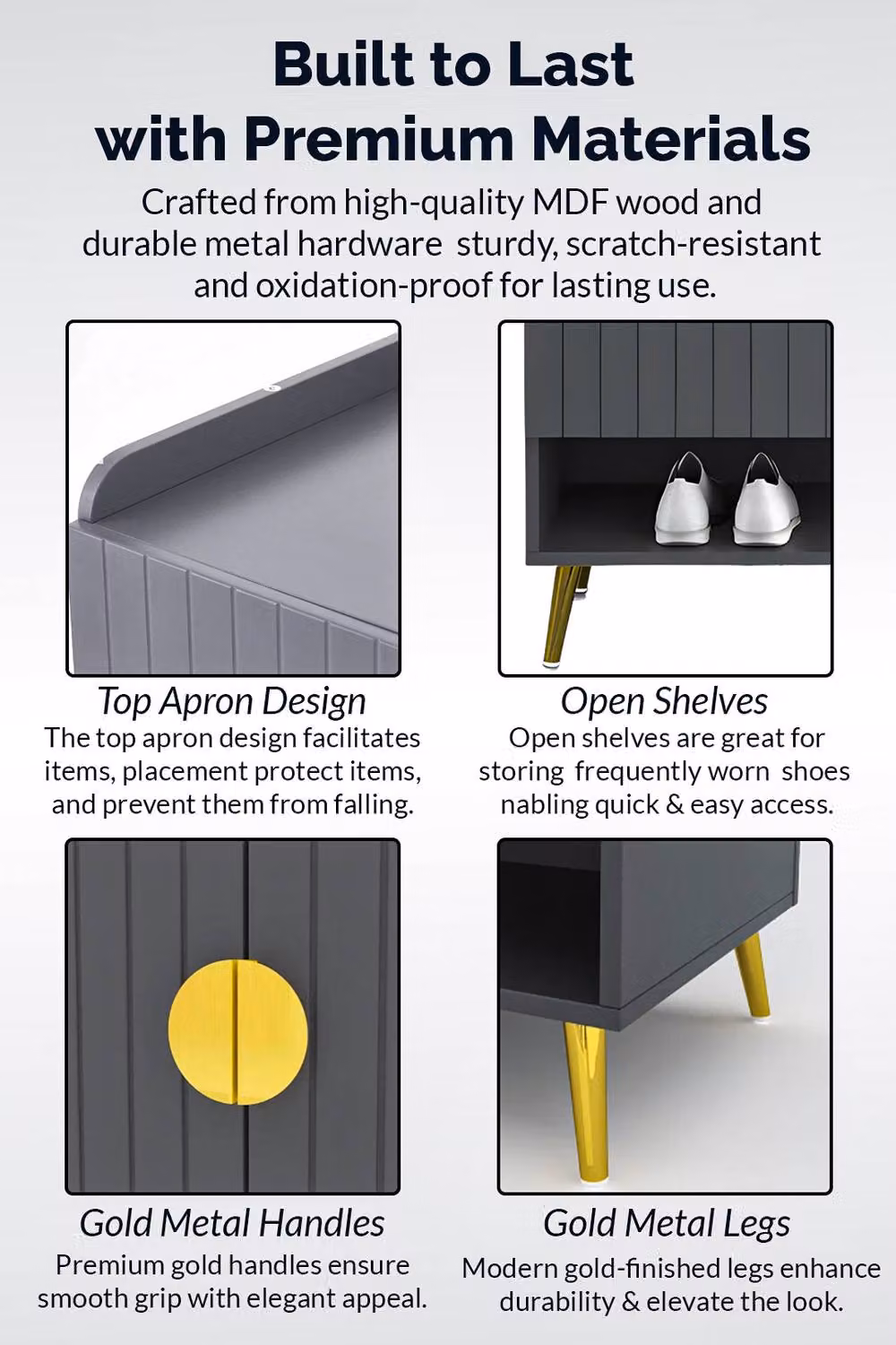 HYGRAD BUILT TO SURVIVE Modern Shoe Cabinet with 2 Doors and Open Shelf, Grey and Gold Entryway Storage Unit – 2