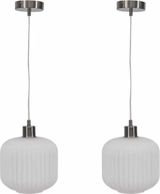 First Choice Lighting Bento Set of 2 White Ribbed Glass and Silver Pendant Lights