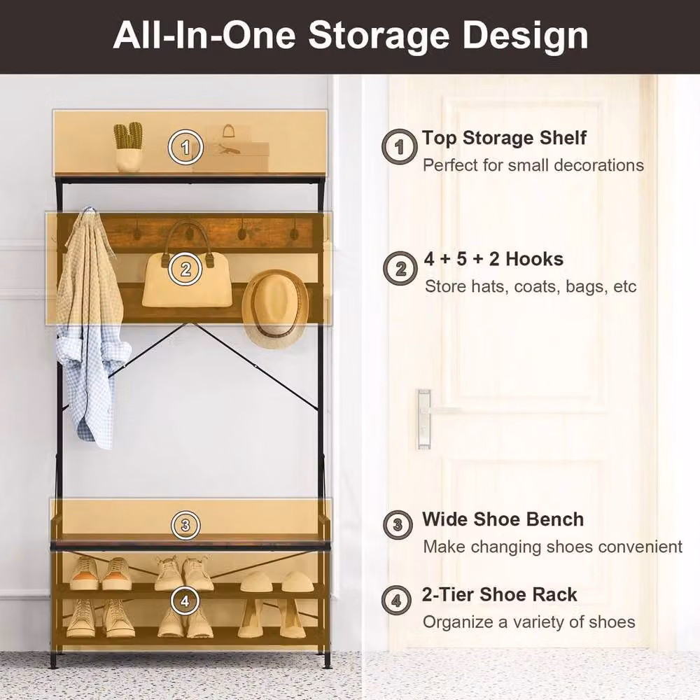 KORVIXA Brown 4-in-1 Industrial Hall Tree with Shoe Bench and 11 Hooks – 2