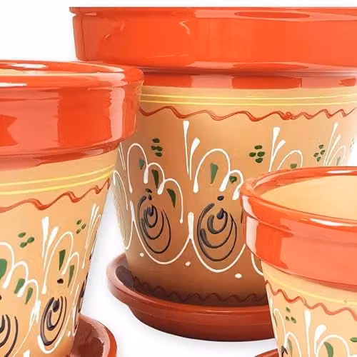 Verano Spanish Ceramics Inca Hand Painted Red Ceramic Plant Pots and Drainage Plates, Set of 3, W/D/H: 16 x 14 x 23 cm, 23 x 22 x 29 cm, 29 x 27 x 29 cm – 4