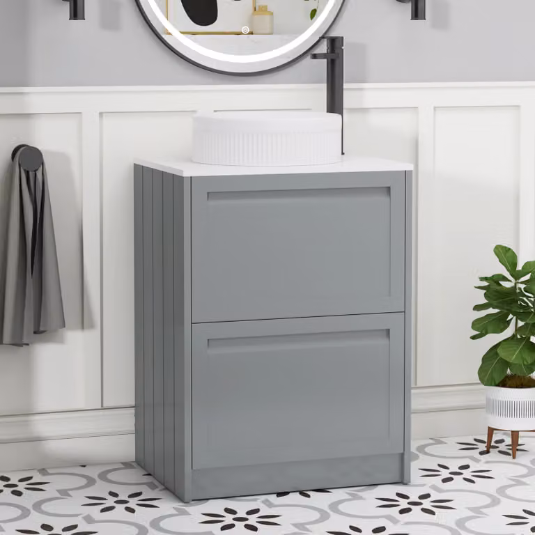 Royal Bathrooms Elmore 600mm Floor Standing 2 Drawer Vanity Unit in Matt Pebble Grey with Plain White Worktop and Round Basin