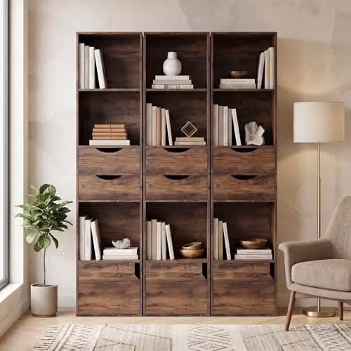 HOMCOM 3-Tier Modern Bookcase with Drawers and Adjustable Shelves, Brown – 6