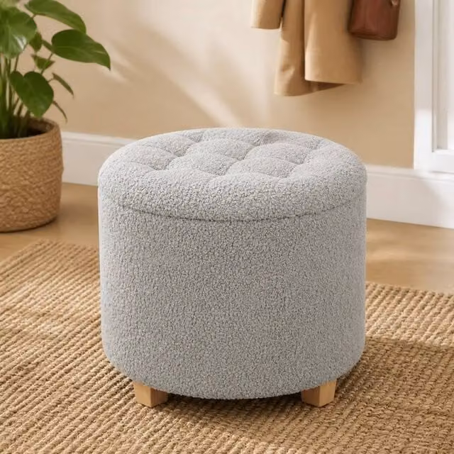 STILVORA 31.8L Grey Bouclé Storage Stool with Wooden Legs