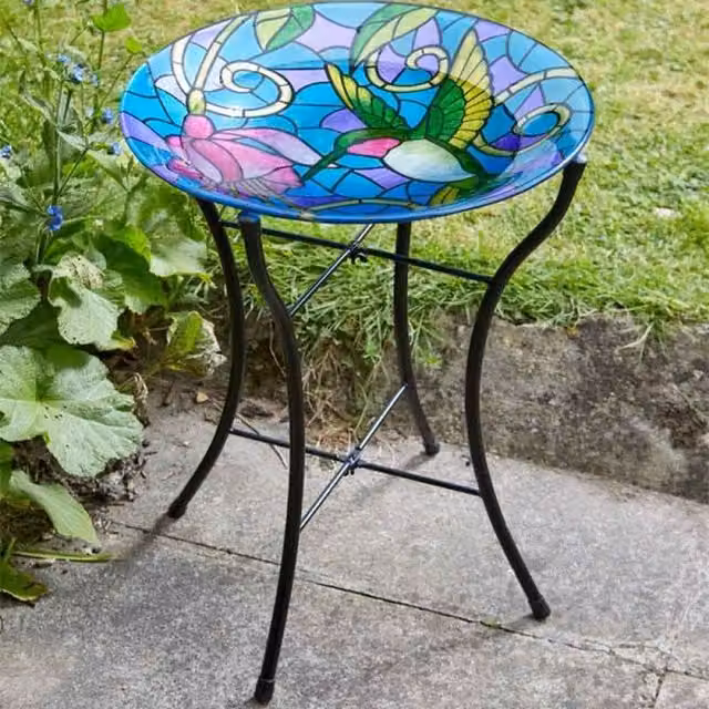 Garden Mile Multicolour Floral Hummingbird Bird Bath Table with Round Glossy Glass Toptop