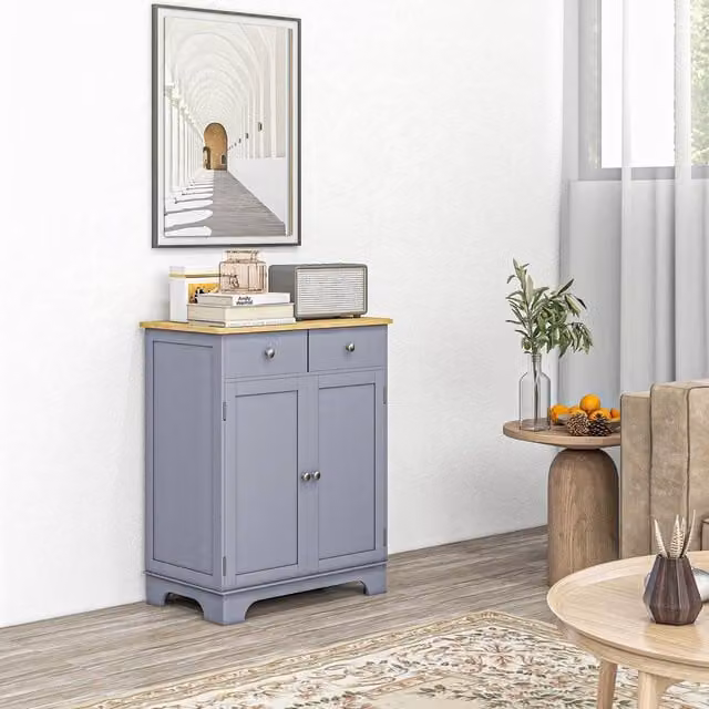 HOMCOM Grey Kitchen Side Cabinet with Rubber Wood Top and Adjustable Shelf – 1