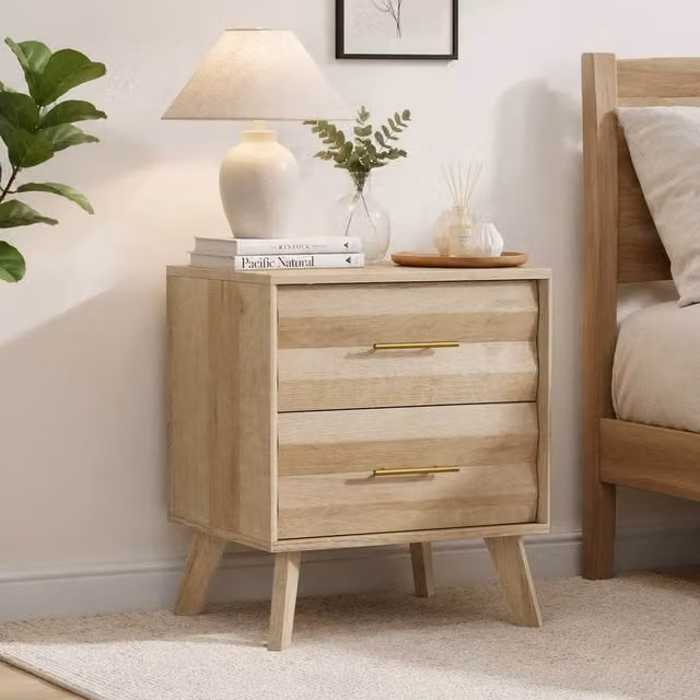 Matteo Oak-Coloured Double-Drawer Bedside Table in Brown and Beige – 1