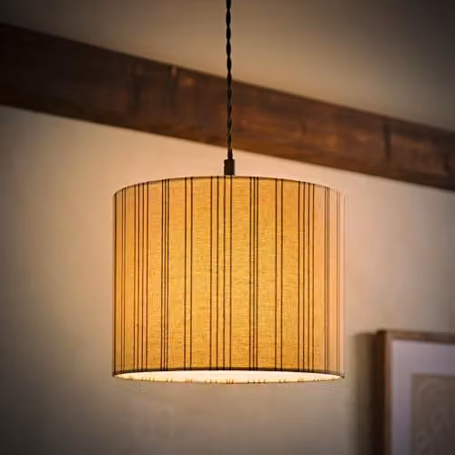 ValueLights Hallie Natural Linen Stripe Small Drum Ceiling Pendant Lamp Shade in Beige with LED Bulb, Width: 26 cm – 2