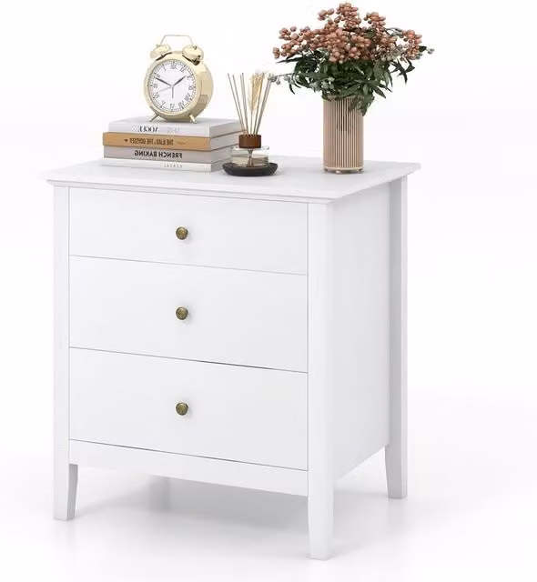 Costway Modern 3-Drawer White Bedroom Side Table