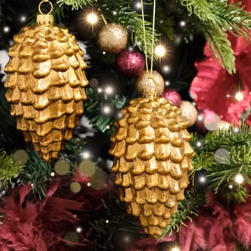 Melody Maison Set of 2 Gold Glitter Pine Cone Hanging Christmas Bauble Decorations – 2